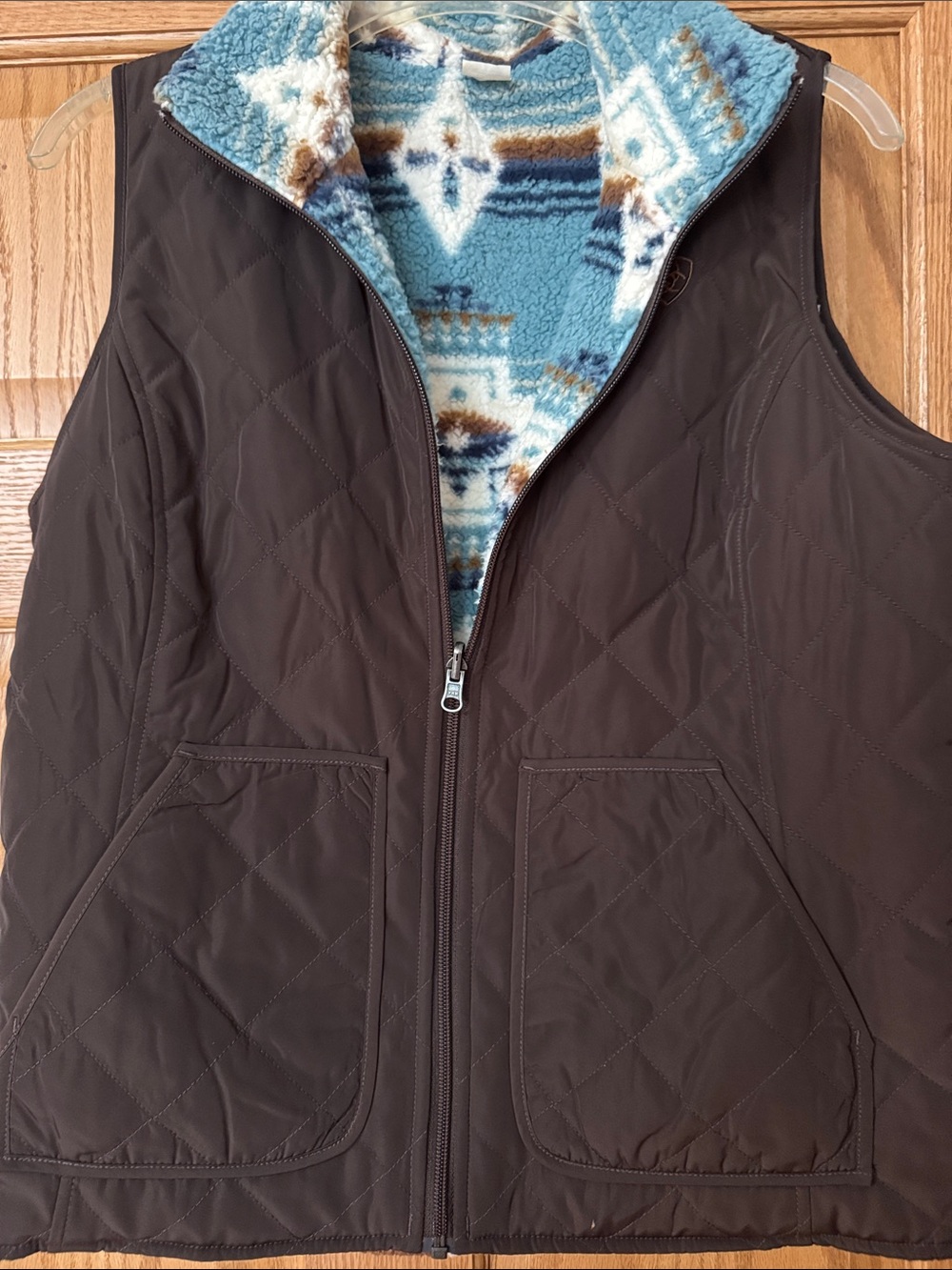 Ariat Brown Quilted Vest with Blue Aztec Patterned Sherpa Lining, reversible MED